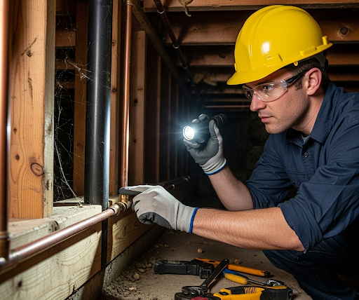 man inspecting pipe